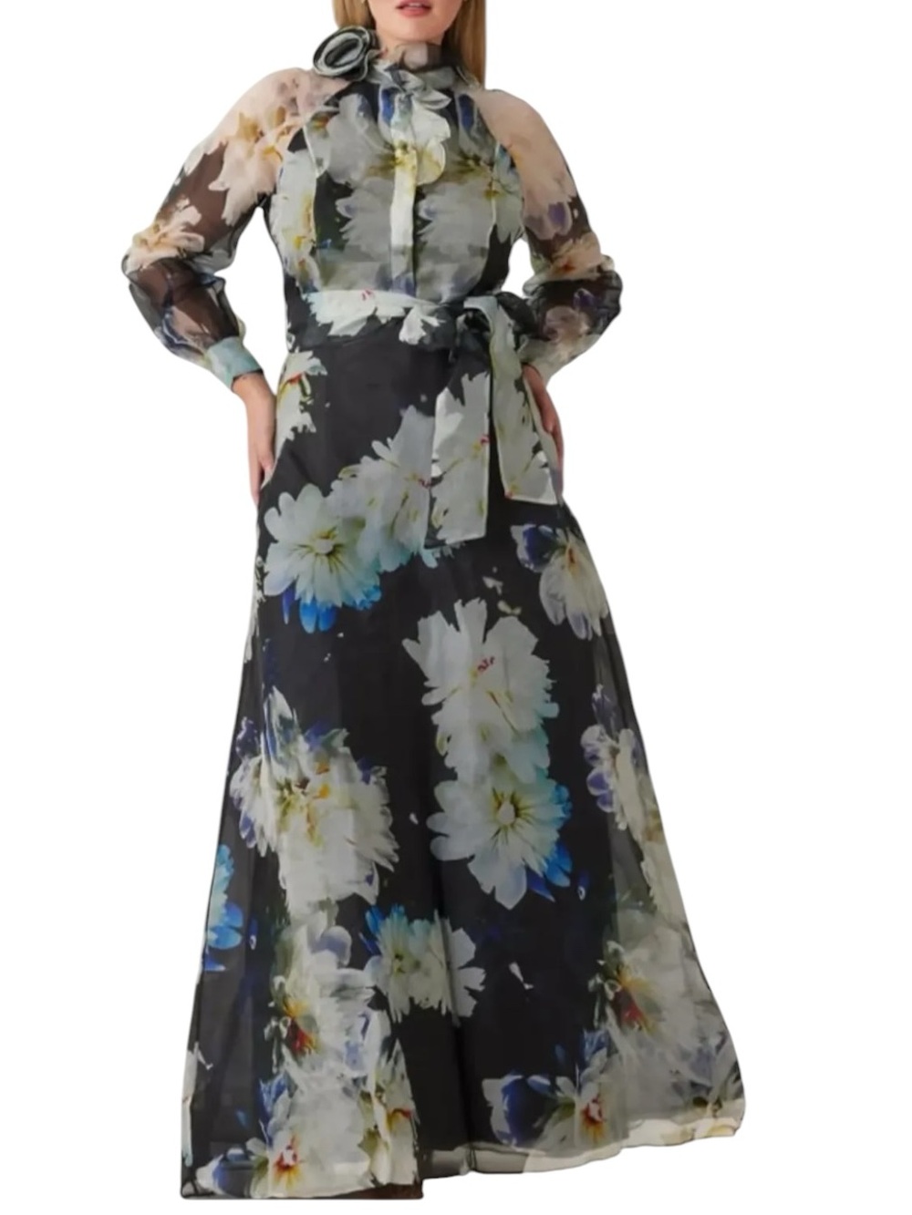 TERI JON Silk Organza Floral Printed Ruffle Neck Gown